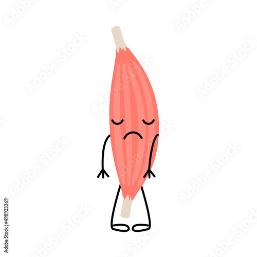 Weak sad pain muscle, cartoon character. Lack of energy, overwork. Fragile tension fiber part body human. Skeletal muscle, inside tissue. Vector illustration