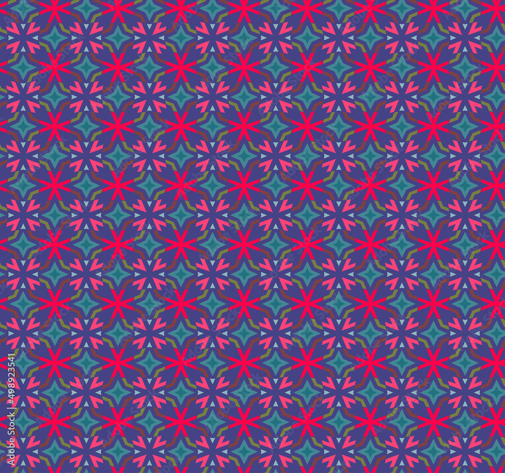 Purple kaleidoscope style psychedelic seamless pattern. Reminder of childhood toy with bright and vibrant colours.  Cool and trendy repeating design.