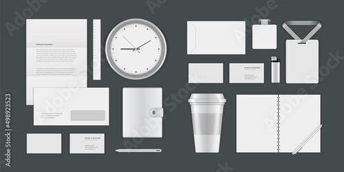 Business corporate identity mock ups template for Logo presentation design elements vector set. Stationery objects business card, blank paper, envelope and other.
