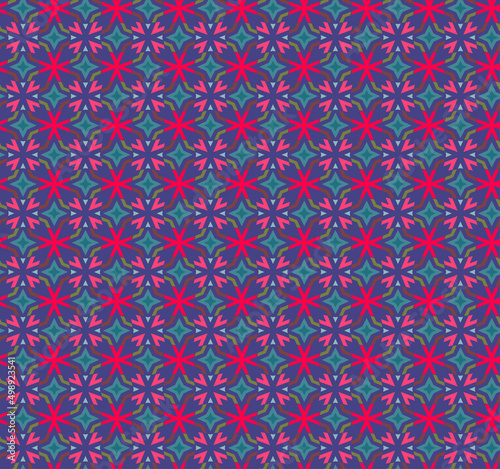 Purple kaleidoscope style psychedelic seamless pattern. Reminder of childhood toy with bright and vibrant colours. Cool and trendy repeating design.