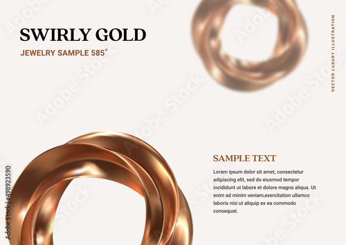 Golden swirl vector 3d ring. Luxury illustration with jewelry rins on the light background with sample text