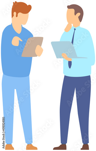 Communicating office workers. Men standing with digital tablets and talking. Colleagues, businessmen discussing work, strategy. Partners, company employee meeting, brainstorming of male characters