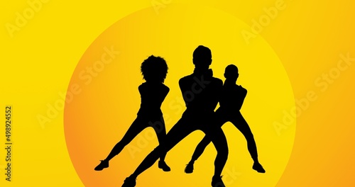 Composite of silhouette women exercising against yellow background, copy space