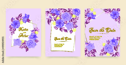 Wedding Card. Engagement Poster with Elegant Rose. Rustic Leaf Frame. Wedding...