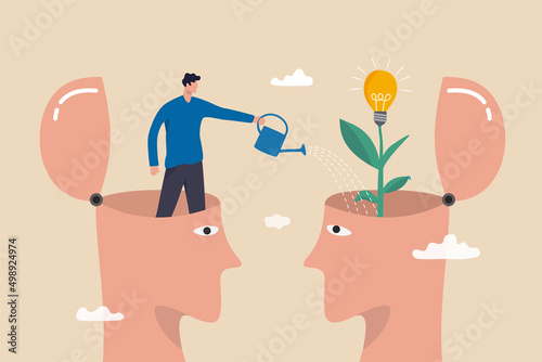 Teaching and learning to develop new skill or wisdom, inspiration or advice to achieve success, growth mindset or knowledge transfer concept, cheerful man from teacher head watering student seedling.