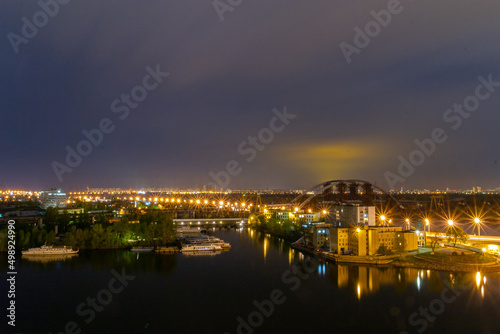 Ukraine, Kyiv – May 01, 2015: Aerial panoramic view on central part of Kyiv, bridges and Dnipro river