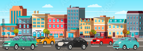 Set of modes of transport and machine shapes. Cars of different types with tinted glass in background of landscape of nature or city. Crossover, hatchback, pickup vehicle is riding in autumn park