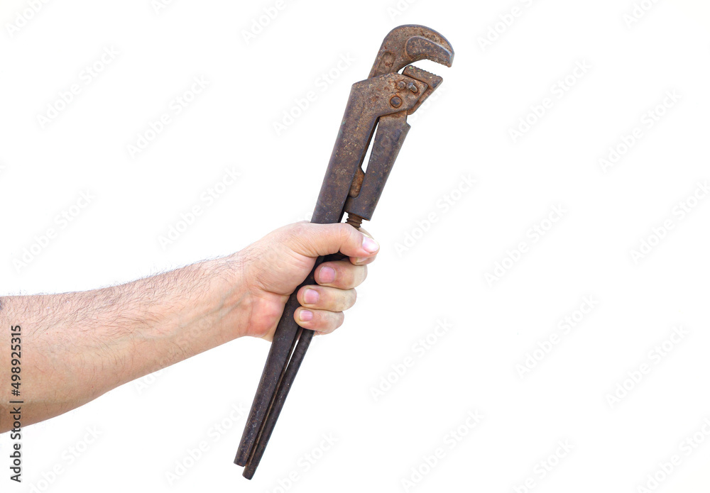 Plumber holding pipe wrench isolated on white background Plumber holding pipe wrench isolated on white background
