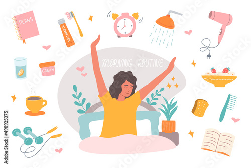 Morning routine consists of cup of coffee, an alarm clock, breakfast, fitness, shower. Girl in bed stretches with smile on her face. Woman self care concept. Vector illustration in flat style