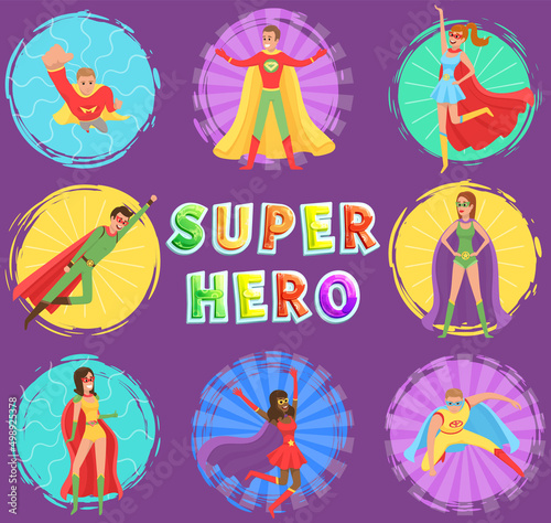 Strong super man and super woman smiles and flies to save world stretched out his hand. Brave character in superhero costume with cloak. Cartoon person hurries to protects people from villains