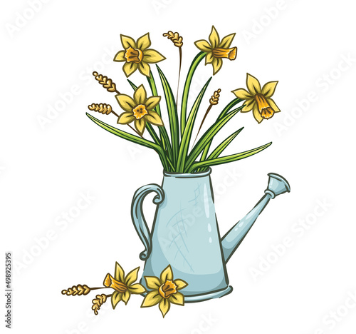 Watering can with flowers narcissus, spring garden tools