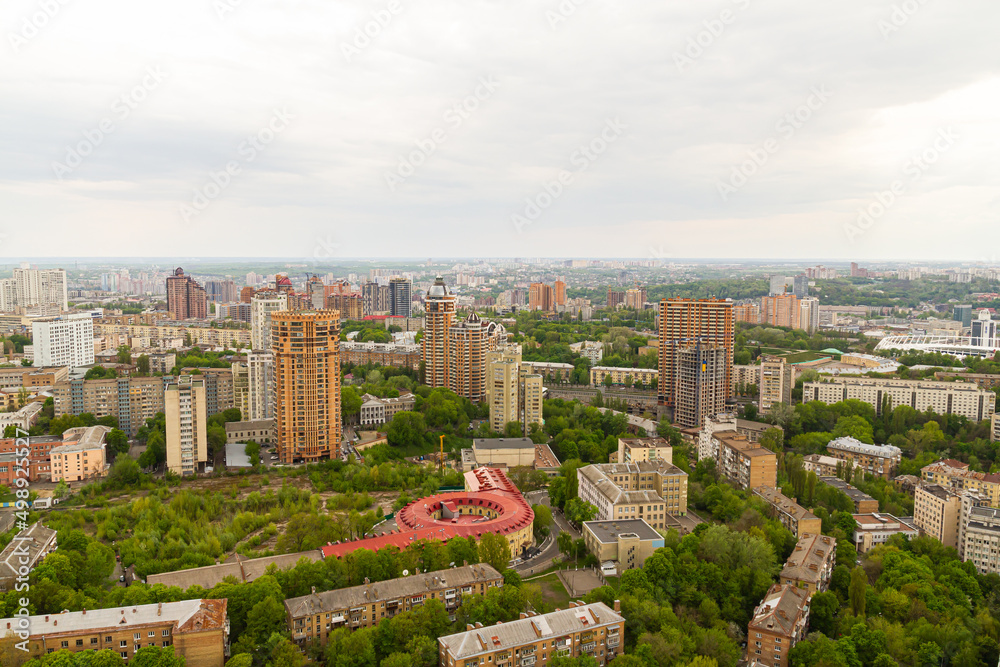 Fototapeta premium Ukraine, Kyiv – May 02, 2015: Aerial panoramic view on central part of Kyiv from a roof of a high-rise building