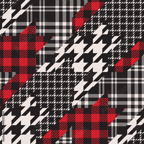 Houndstooth pattern patchwork collage. Lumberjack, tattersall and tartan plaid blend.