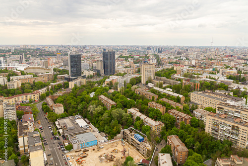 Ukraine, Kyiv – May 02, 2015: Aerial panoramic view on central part of Kyiv from a roof of a high-rise building © Bohdan