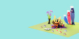 水色の背景に置かれた兜飾りと鯉のぼりと柏餅 / コピースペースのある端午の節句・こどもの日フェア・キャンペーン用背景素材 / 3Dレンダリング
