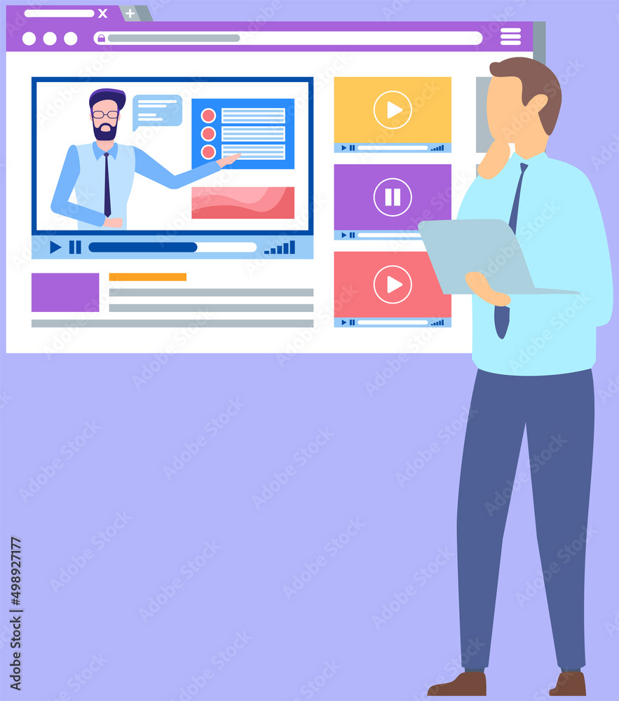 Virtual education and online practice concept. Man uses tablet for connection with teacher or tutor. Person watching videos with explanation. Student looks at screen with video tutorial, online lesson Virtual education and online practice concept. Man uses tablet for connection with teacher or tutor. Person watching videos with explanation. Student looks at screen with video tutorial, online lesson