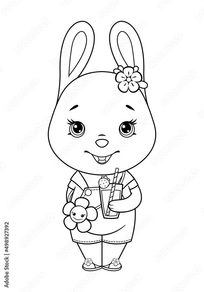 Cute bunny character in summer clothes coloring page. Black and white ...