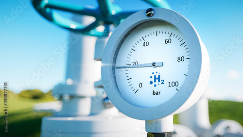 Close up of a manometer with a hydrogen pipe in the background. 3d rendering.