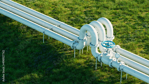 White gas and oil pipeline on lush grassy background. 3d rendering. photo