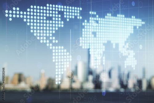 Multi exposure of abstract graphic world map hologram on blurry office buildings background, connection and communication concept