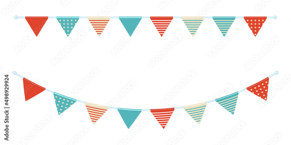 Garland of triangular flags on ribbon in nautical theme. Vector illustration bunting in cartoon style. Garland of triangular flags on ribbon in nautical theme. Vector illustration bunting in cartoon style.