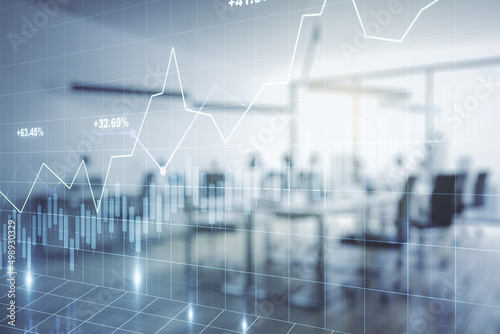 Double exposure of virtual creative financial diagram on a modern furnished office interior background, banking and accounting concept photo