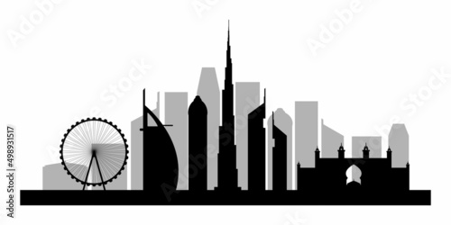 Fotografie, Obraz Dubai black silhouette, sights, Emirates, UAE, Burj Khalifa, Ain Dubai, Atlantis The Palm, Rose Tower, Emirates Towers, Burj Al Arab
