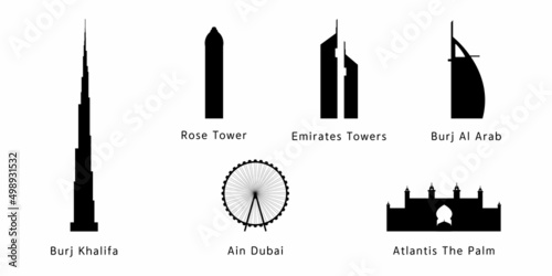 Fotomurale Dubai black silhouette, sights, Emirates, UAE, Burj Khalifa, Ain Dubai, Atlantis The Palm, Rose Tower, Emirates Towers, Burj Al Arab
