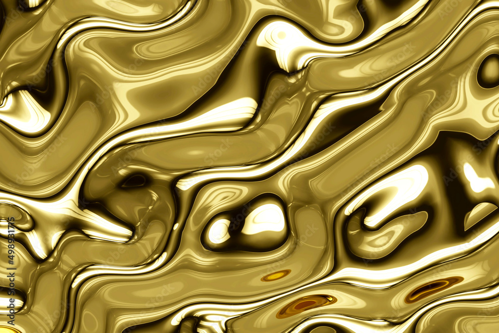 Gold metal texture with waves, liquid gold metallic silk wavy design, abstract background, 3D rendering