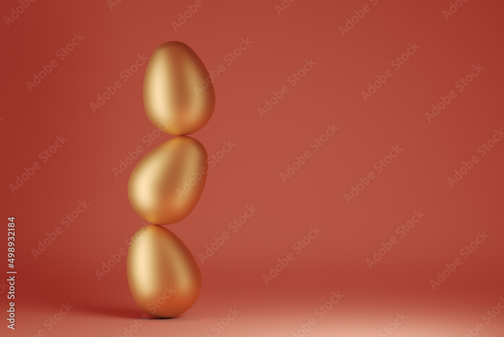 3D rendering of a Pile of golden Easter eggs with negative space 3D rendering of a Pile of golden Easter eggs with negative space
