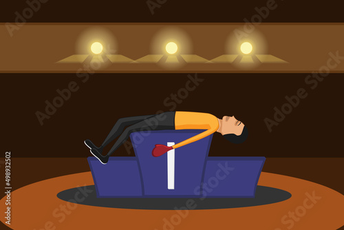 Champion businessman resting tired on podium. Vector illustration