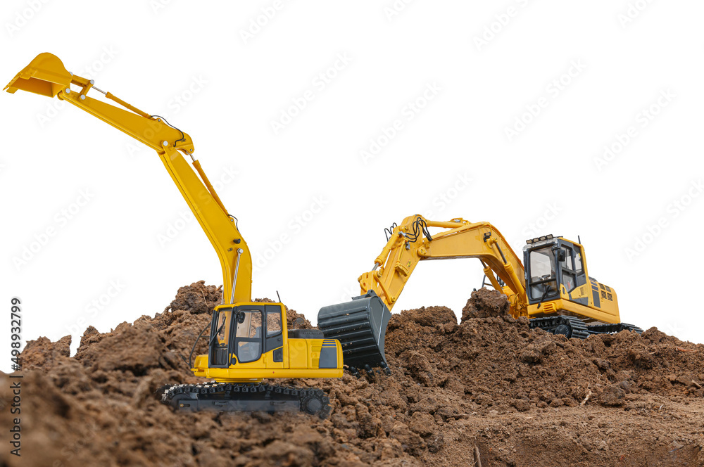 Two crawler excavator is digging in the construction site work isolated on white background Two crawler excavator is digging in the construction site work isolated on white background