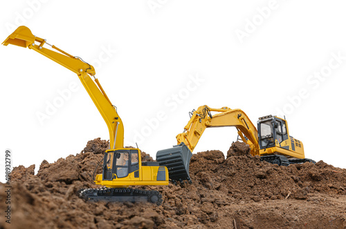 Two crawler excavator is digging in the construction site work isolated on white background