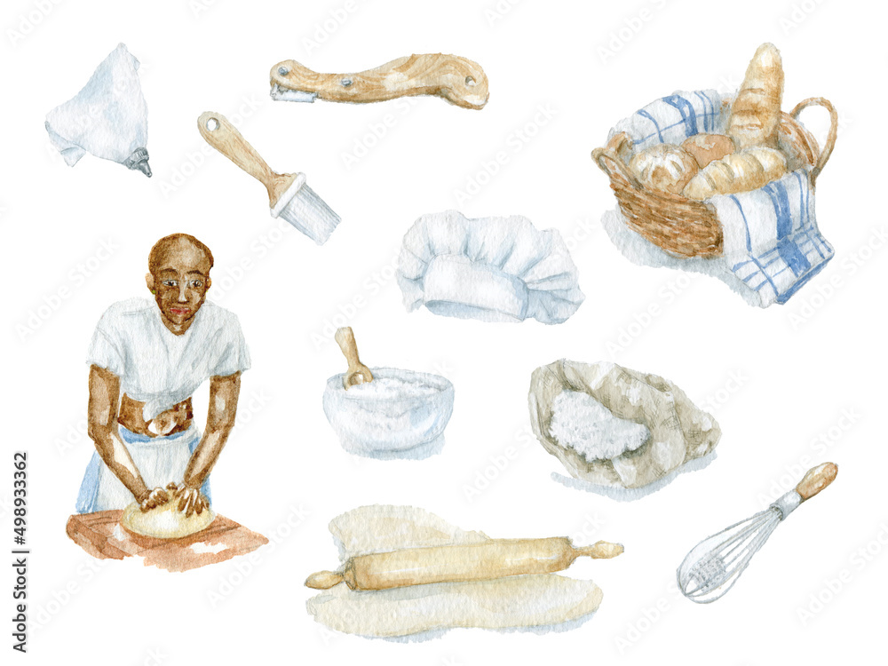 Watercolor bakery set with bred, instruments, flour, salt. Art image of ...