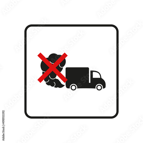 Prohibition sign of dangerous exhaust gases. Exhaust van or truck icon. Traffic fumes. Environmental pollution. Smog