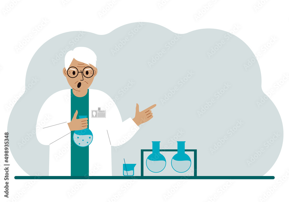 Old male scientist with flasks. Experimental scientist, laboratory assistant, biochemistry, chemical, scientific research.