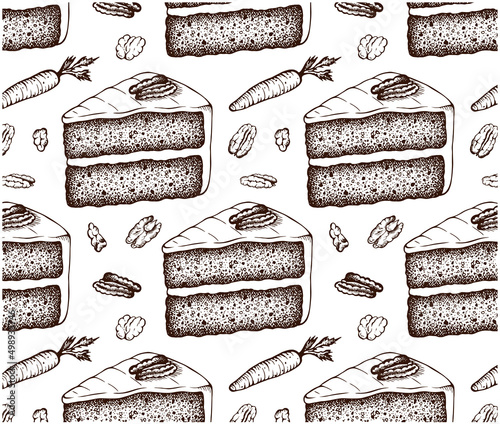Sketch drawing pattern of Carrot cake isolated on white background. Hand drawn baked sweet dessert with carrot wallpaper. Whipped cream, walnut, pecan nuts . Line art food. Vector illustration.
