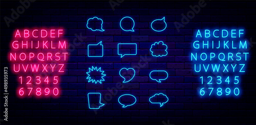 Blue speech bubbles neon signs pack. Empty frames for text. Shiny alphabet. Glowing effect banner. Vector illustration