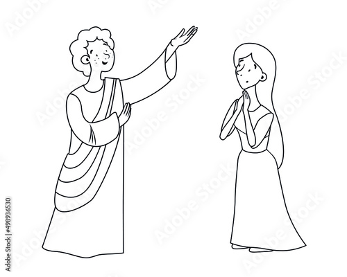Biblical story of the Annunciation. Picture for Sunday school. Angel Gabriel comes to the Virgin Mary. Birth of Jesus Christ. Christian bible character. Vector illustration. Сoloring, black and white.