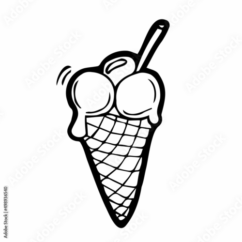 Melting ice cream balls in the waffle cone isolated on white background. Vector flat outline icon. Comic character in cartoon style illustration for t shirt design