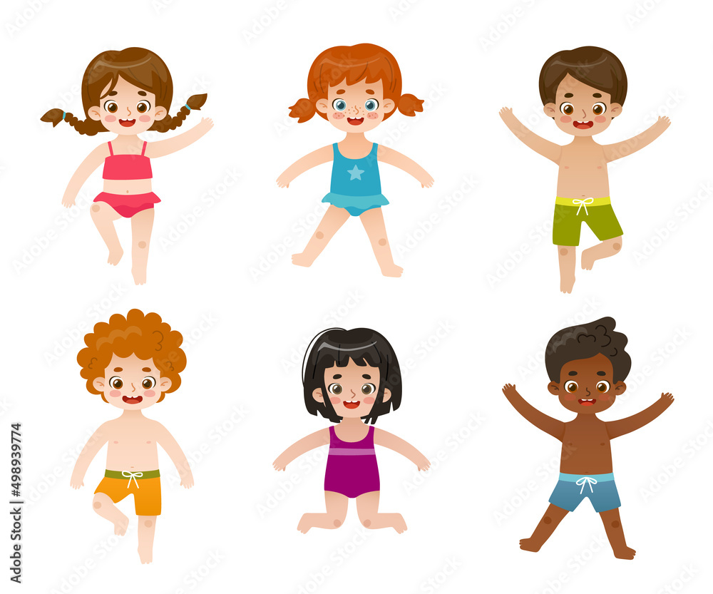 Summertime happy kids set. Collection of cartoon summer beach children. Bundle of playful baby in swimwear. Summertime happy kids set. Collection of cartoon summer beach children. Bundle of playful baby in swimwear.