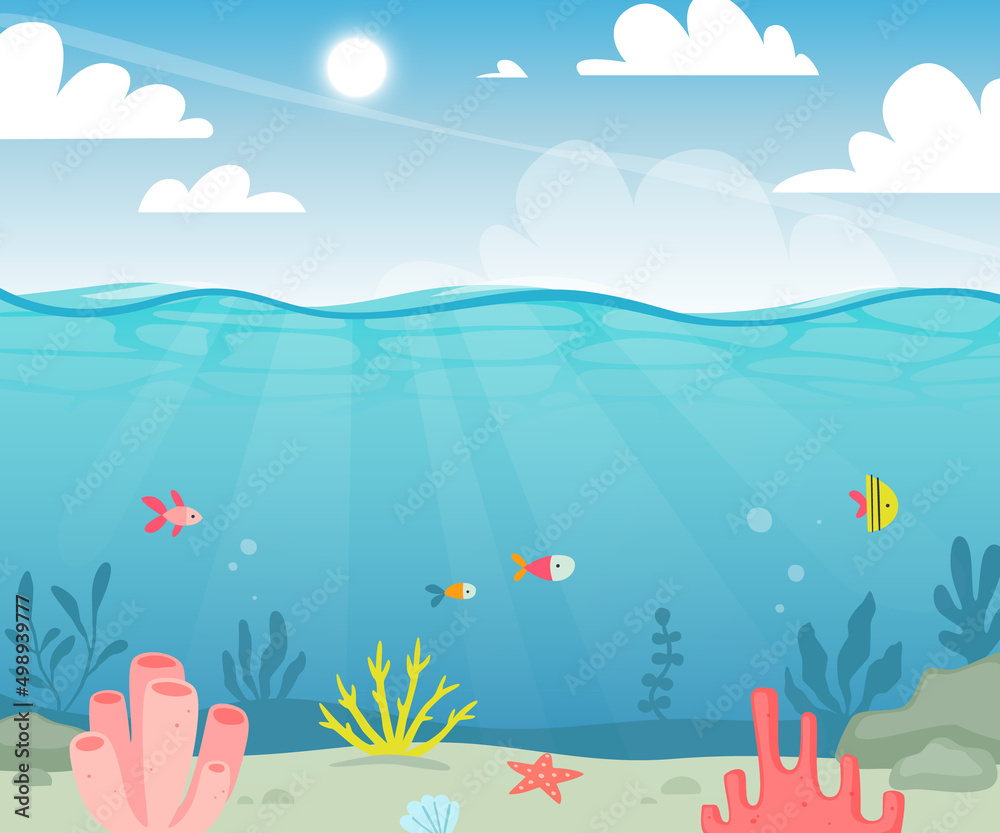Seabed background with seaweeds and fishes. Underwater tropical