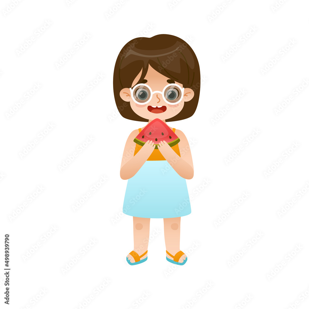 Happy little girl eating slice of watermelon. Adorable child standing with fruit and going to bite this.