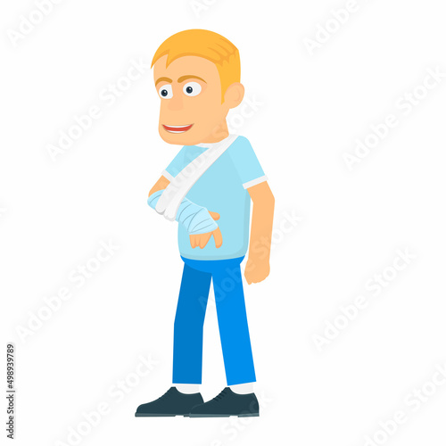 Man with a broken arm. Plastered hand, vector illustration