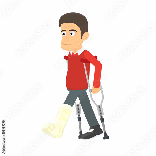 Man on crutches. People with disabilities, vector illustration