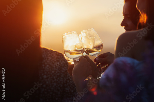 Cropped shot of female friends toasting with glasses of white wine during outdoor party in summer evening sunset.