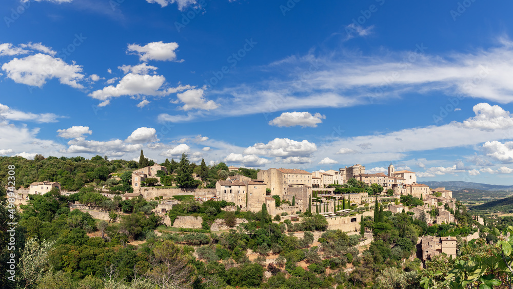 Super panoramic view Luberon valley with ancient Gordes town. Vaucluse, Provence, Alpes, Cote d'Azur, France