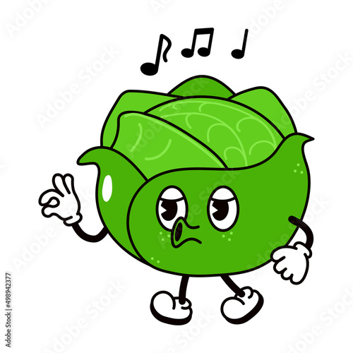 Cute funny cabbage walking singing character. Vector hand drawn traditional cartoon vintage, retro, kawaii character illustration icon. Isolated on white background. cabbage walk and sing character