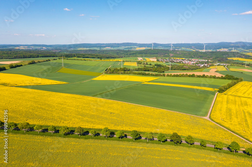 A bird's-eye view of a spring landscape in the Taunus with blooming yellow rapeseed fields