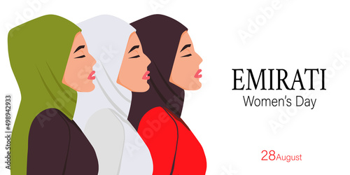 Emirati Women’s Day.greeting card young muslim women in holiday hijabs.